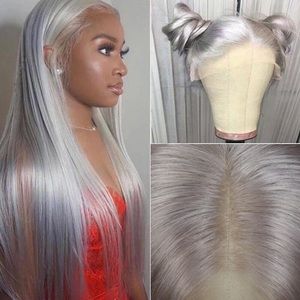 Silver Colored Transparent Lace Frontal Wigs For Women Human Hair Grey Straight